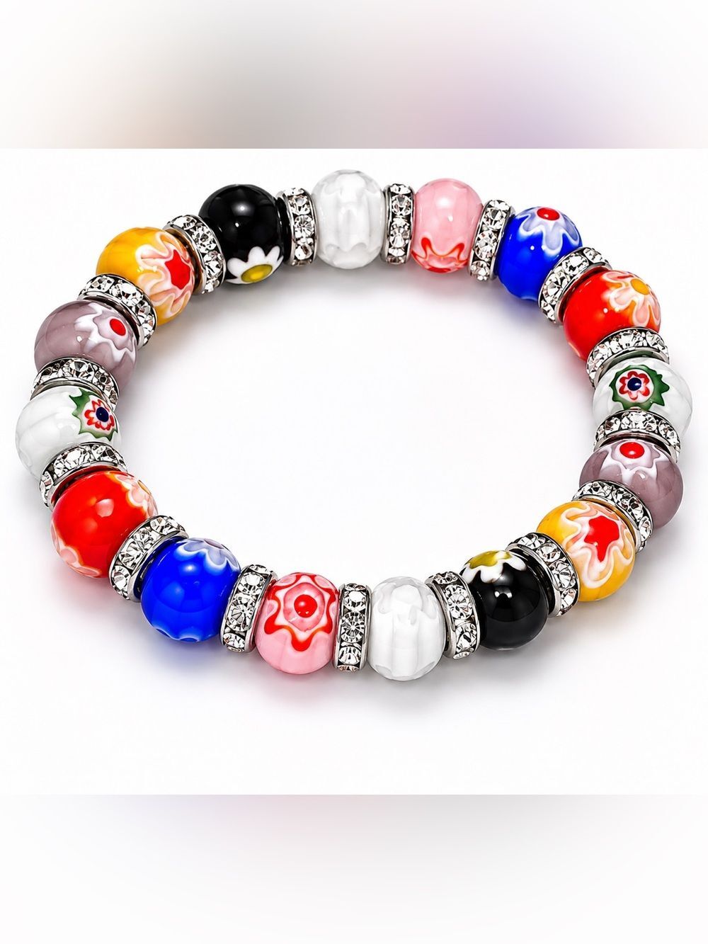 Millefiori Murano Glass Bead Stretch Bracelet Rhinestone Rondelle Multicolor